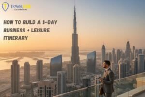 AI-generated image of a business traveler overlooking Dubai skyline at sunset, representing a 3-day Dubai stopover itinerary combining business and leisure.