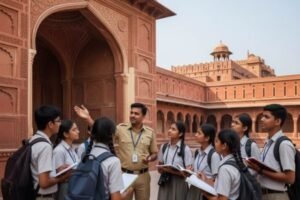Indian students exploring the Taj Mahal during an educational trip, guided by a teacher, engaging in hands-on learning.