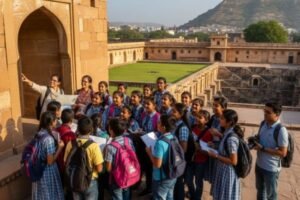 Indian students on a group educational tour with teacher and notebooks, student group tours safety fun
