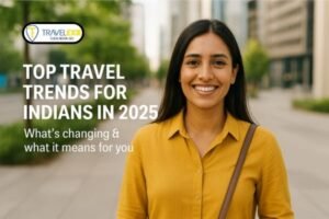 Infographic showcasing top travel trends for Indian travelers in 2025, including solo trips, wellness retreats, cultural tourism, and eco-friendly travel.