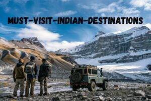 Scenic Ladakh landscape with travelers admiring mountain views and a car parked on a dirt road