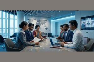 Indian corporate team discussing business travel plans in a modern office meeting room