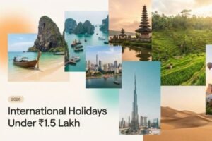 Collage of international holiday destinations including beaches, islands, city skylines, temples, and desert landscapes for a budget travel guide