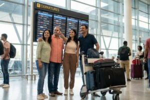 Travelers overlooking famous global landmarks and planning an overseas holiday