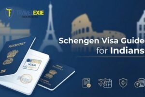 image showing an Indian passport, Schengen visa stamp, and European travel icons, designed for a blog on Schengen visa requirements for Indian travelers.