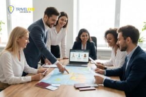 Travel professionals planning international and domestic trips with maps and travel documents