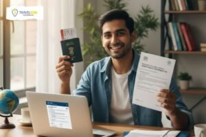 A smiling young Indian male student sitting at a modern desk, holding an Indian passport and a university admission offer letter