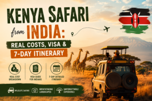 Wildebeest migration crossing Mara River during Kenya safari from India